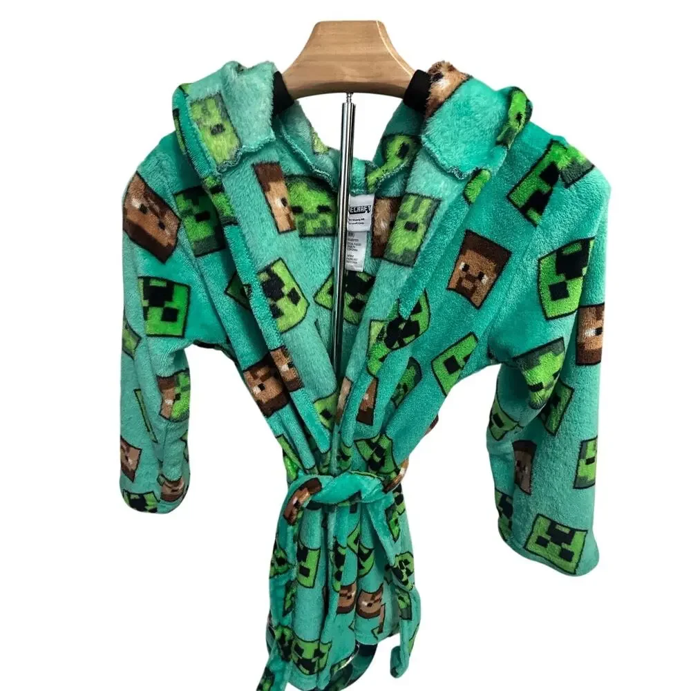Minecraft hooded fleece bathrobe creeper and Steve face graphics bright teal